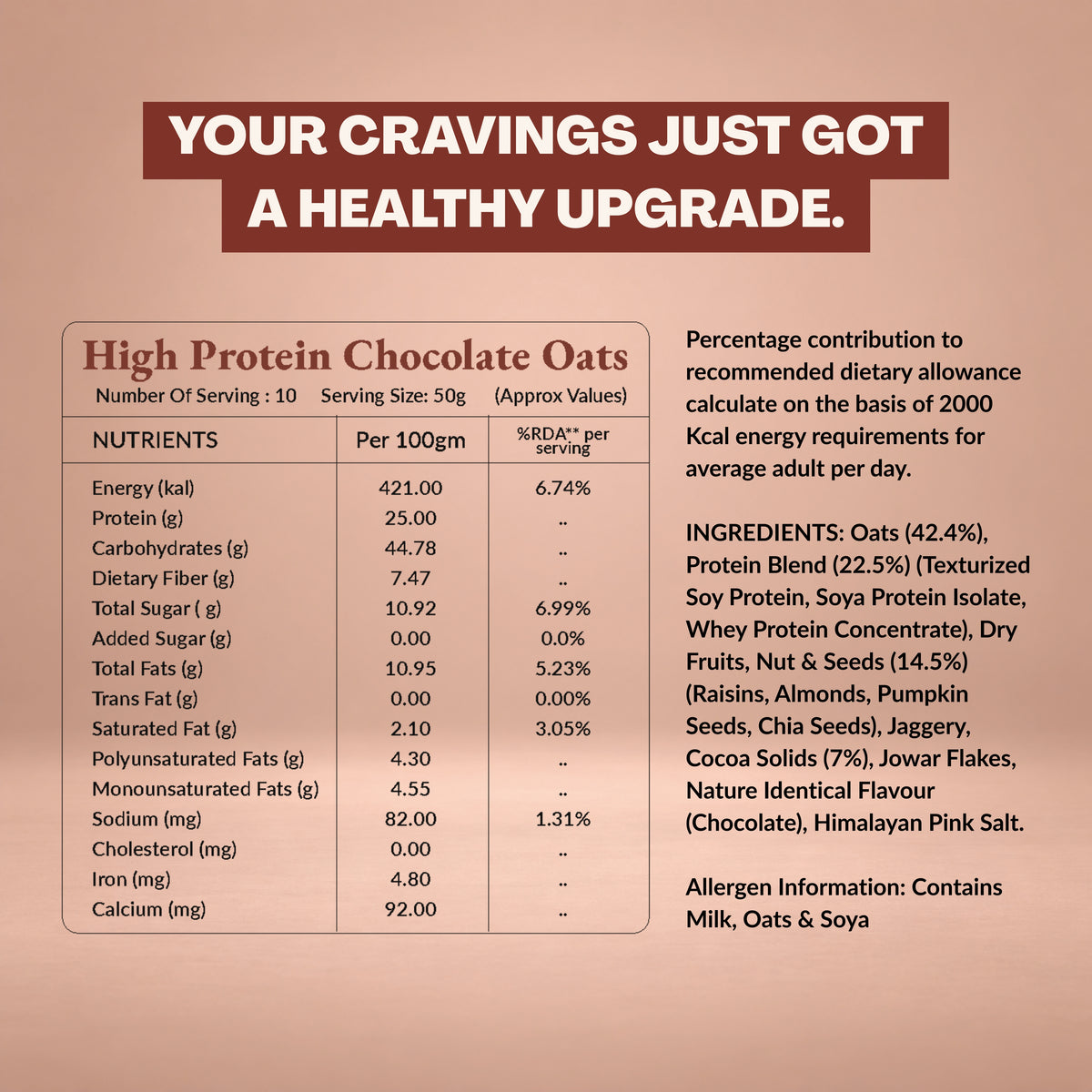 Cravewell High Protein Chocolate Oats – 500g | 125g Protein Inside