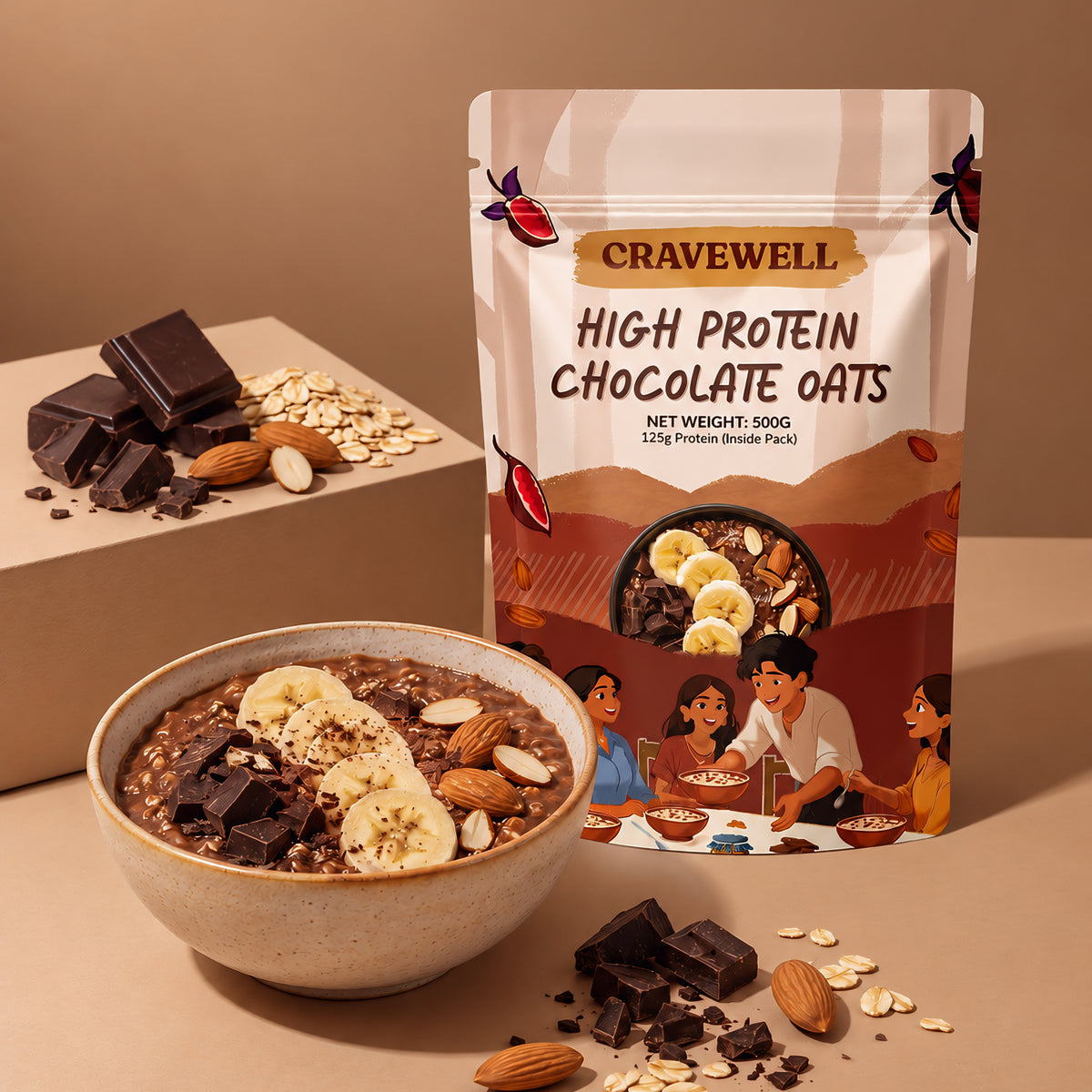 Cravewell High Protein Chocolate Oats – 500g | 125g Protein Inside
